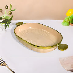 Peach Ceramic Oval Snack Platter with Golden Rim & Side Handles – Elegant Serving Dish (28x15.5 cm)