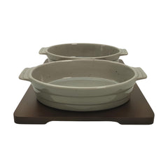 Lemon Tree Grey Ceramic 2-Piece Oval Snack Bowl Set with Bamboo Base – Stylish & Functional