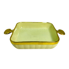 Lemon Tree Green HH0902 Square Ceramic Deep Snack Platter with Golden Rim & Handles | Elegant Serveware | 24 cm