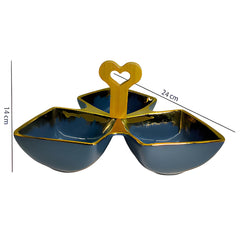 Luxury Blue Ceramic Tri-Part Platter with Bamboo Handle & Gold Rim – 24cm