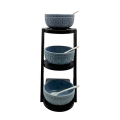 Elegant 3-Bowl Ceramic Serving Set with Tall Bamboo Stand & Spoons – Perfect for Dips, Chutneys & Snacks