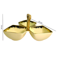 Elegant Cream Ceramic Tri-Part Serving Platter with Bamboo Handle & Gold Rim – 24cm