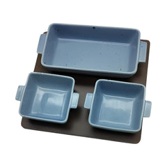 Lemon Tree 3-Piece Rectangular Blue Ceramic Snack Serving Set – Appetizer & Dip Bowls with Bamboo Tray