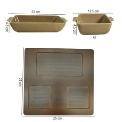 Lemon Tree 3-Piece Rectangular Beige Ceramic Snack Serving Set – Appetizer & Dip Bowls with Bamboo Tray