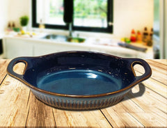 Lemon Tree Dark Blue Oval Stoneware Serving Bowl | 600ml Ceramic Dish with Handle | Microwave, Oven & Dishwasher Safe