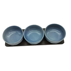 Blue Ceramic 3-Bowl Set with Bamboo Base Tray – Elegant Serveware for Snacks, Dips, Chutneys & More