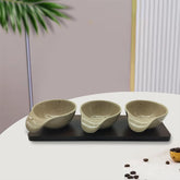 Lemon Tree Beige – Elegant 3-Bowl Ceramic Serving Set with Bamboo Base Tray for Snacks, Dips & Condiments