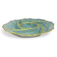 Elegant Blue Round Ceramic Partition Platter with Gold Rim & Dip Slot – 32cm Serving Dish