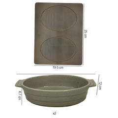 Lemon Tree Grey Ceramic 2-Piece Oval Snack Bowl Set with Bamboo Base – Stylish & Functional