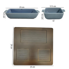 Lemon Tree 3-Piece Rectangular Blue Ceramic Snack Serving Set – Appetizer & Dip Bowls with Bamboo Tray
