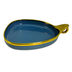 Stylish Blue Ceramic Deep Triangular Platter – Gold Rim & Hook Handle, 24cm