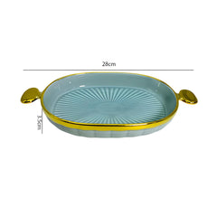 Elegant Blue Ceramic Oval Deep Platter with Golden Rim & Handles – Stylish Serving Dish for Snacks & Desserts (28x15.5 cm)