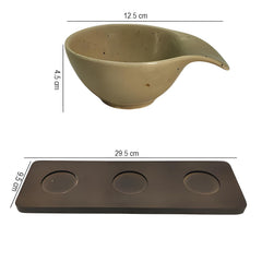 Lemon Tree Beige – Elegant 3-Bowl Ceramic Serving Set with Bamboo Base Tray for Snacks, Dips & Condiments
