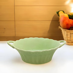 Lemon Tree Green Round Deep Ceramic Serving Bowl with Dual Handles – Stylish & Versatile Tableware
