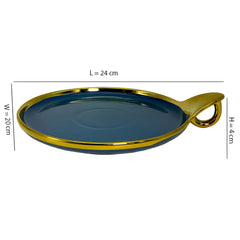 Elegant Blue Round Ceramic Serving Platter – Gold Rim & Hook Handle, 24cm