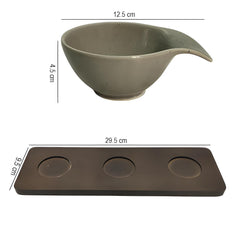Lemon Tree Grey – Chic 3-Bowl Ceramic Set with Bamboo Tray for Snacks & Dips