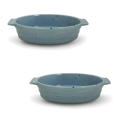 Lemon Tree Blue Ceramic 2-Piece Oval Snack Serving Set with Bamboo Base – Elegant & Functional