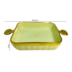 Lemon Tree Green HH0902 Square Ceramic Deep Snack Platter with Golden Rim & Handles | Elegant Serveware | 24 cm