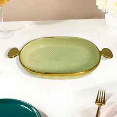 Green Ceramic Oval Deep Platter with Golden Rim & Handles – Stylish Serving Dish for Snacks & More (28x15.5 cm)