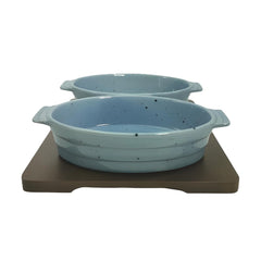 Lemon Tree Blue Ceramic 2-Piece Oval Snack Serving Set with Bamboo Base – Elegant & Functional
