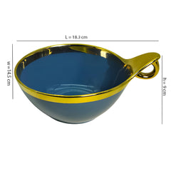 Elegant Blue Ceramic Deep Serving Bowl – 18cm Snack & Salad Bowl with Gold Rim & Hook Handle