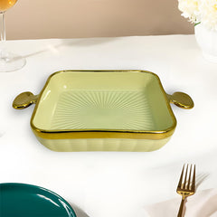 Lemon Tree Green HH0902 Square Ceramic Deep Snack Platter with Golden Rim & Handles | Elegant Serveware | 24 cm