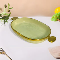 Green Ceramic Oval Deep Platter with Golden Rim & Handles – Stylish Serving Dish for Snacks & More (28x15.5 cm)