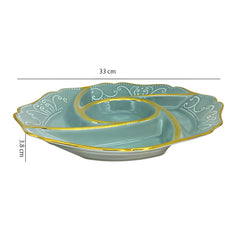 Elegant Blue Round Ceramic Partition Platter with Gold Rim & Dip Slot – 32cm Serving Dish