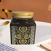 Lemon Tree Brown Ceramic Storage Jar – 1000ml | Airtight Wooden Lid Kitchen Container for Snacks, Tea, Sugar & Dry Fruits