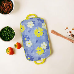 Lemon Tree Blue Ceramic Rectangle Platter with Handles | Elegant Deep Dish for Snacks & Appetizers | Durable & Eco-Friendly