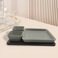 Lemon Tree Grey Ceramic 3-Piece Snack Serving Set – Stylish Platter & Dip Bowls with Bamboo Tray