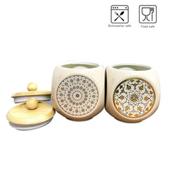 Lemon Tree Off-White Floral Ceramic Canisters – Set of 2 (500ml) | Airtight Wooden Lid Jars for Tea, Coffee, Spices & Snacks