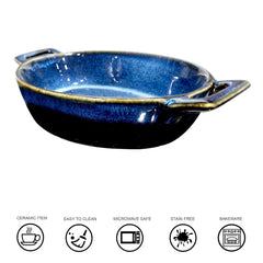 Lemon Tree Blue Ceramic Oval Serving Dish with Handle | 400ml Stoneware Bowl for Snacks & Appetizers | Microwave & Dishwasher Safe