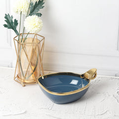 Stylish Blue Triangular Ceramic Deep Serving Bowl – 19cm Dish with Gold Rim & Hook Handle