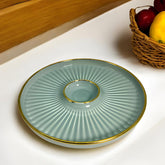 LEMON TREE BLUE HH0901 Ceramic Round Snack Platter with Dip Slot | 23.5 cm | Pastel Shades with Golden Rim
