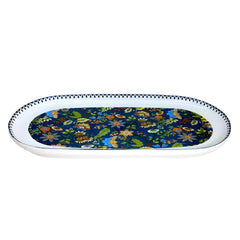 Luxury 13-Inch Oval Fine Porcelain Platter | Navy Blue Floral Print Serving Tray