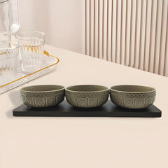 Beige Ceramic 3 Medium Bowl Set with Bamboo Base Tray – Stylish Serveware for Chutney, Dips, Pickles, Nuts, Desserts & More