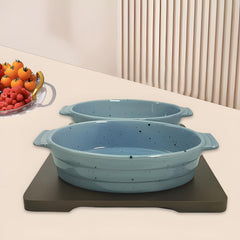 Lemon Tree Blue Ceramic 2-Piece Oval Snack Serving Set with Bamboo Base – Elegant & Functional