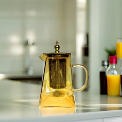 Golden Brown Borosilicate Glass Teapot – 950ml Heat-Resistant Tea Infuser with Stainless Steel Lid & Strainer
