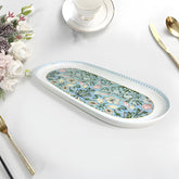Elegant 13-Inch Fine Porcelain Oval Platter | Blue & Green Floral Decal Print Serving Tray