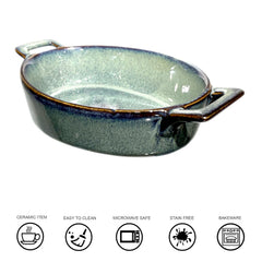 Lemon Tree Green Ceramic Stoneware Serving Bowl | 400ml Oval Dish with Handle | Elegant & Durable Microwave-Safe Tableware