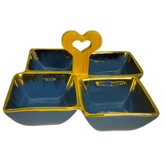 Blue Ceramic Quad-Part Platter with Bamboo Handle & Gold Rim – Stylish Multi-Section Serving Dish