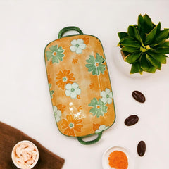 Lemon Tree Orange Ceramic Deep Dish Platter | Stylish Rectangular Serving Platter with Handles | Elegant Snack & Dessert Plate