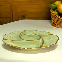 Luxury Green Round Ceramic Snack Platter with Gold Rim & Dip Slot – Elegant Party Serving Dish