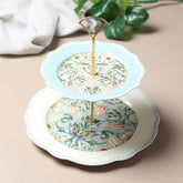 Luxury 2-Tier Porcelain Cake Stand | Pastel Blue & Ivory Floral Snack Server | Elegant Gold Handle