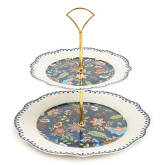 Elegant 2-Tier Fine Porcelain Cake Stand | Blue Floral Snack & Dessert Server with Gold Handle | High-Quality Decal Prints