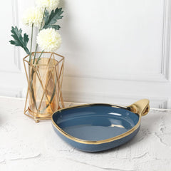 Stylish Blue Ceramic Deep Triangular Platter – Gold Rim & Hook Handle, 24cm