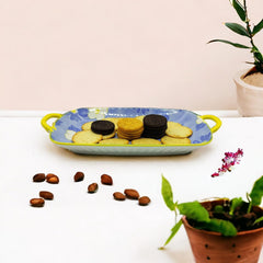 Lemon Tree Blue Ceramic Rectangle Platter with Handles | Elegant Deep Dish for Snacks & Appetizers | Durable & Eco-Friendly