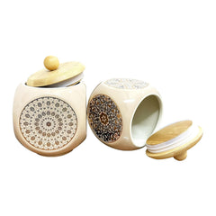 Lemon Tree Off-White Floral Ceramic Canisters – Set of 2 (500ml) | Airtight Wooden Lid Jars for Tea, Coffee, Spices & Snacks