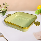 Lemon Tree Green HH0902 Square Ceramic Deep Snack Platter with Golden Rim & Handles | Elegant Serveware | 24 cm